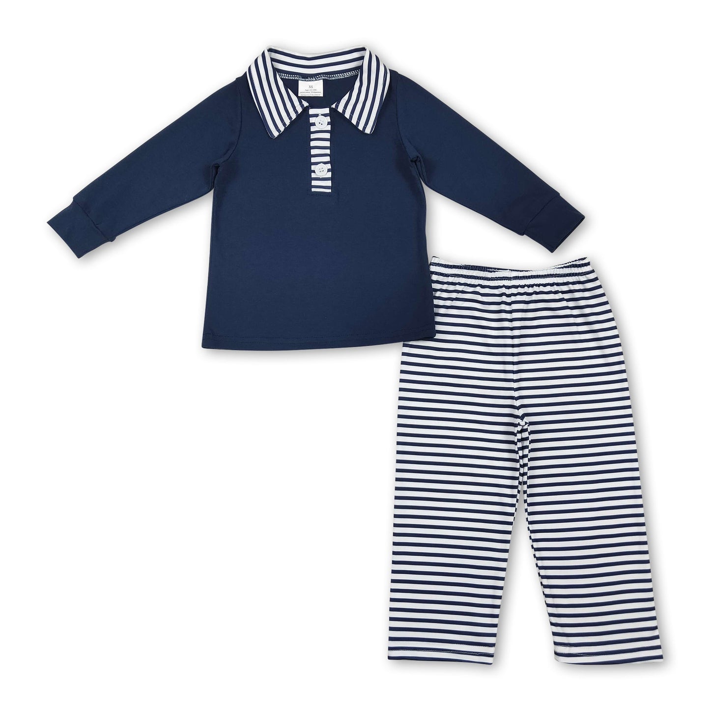 Marineblaues Poloshirt, gestreifte Hose, Bekleidungsset für Jungen