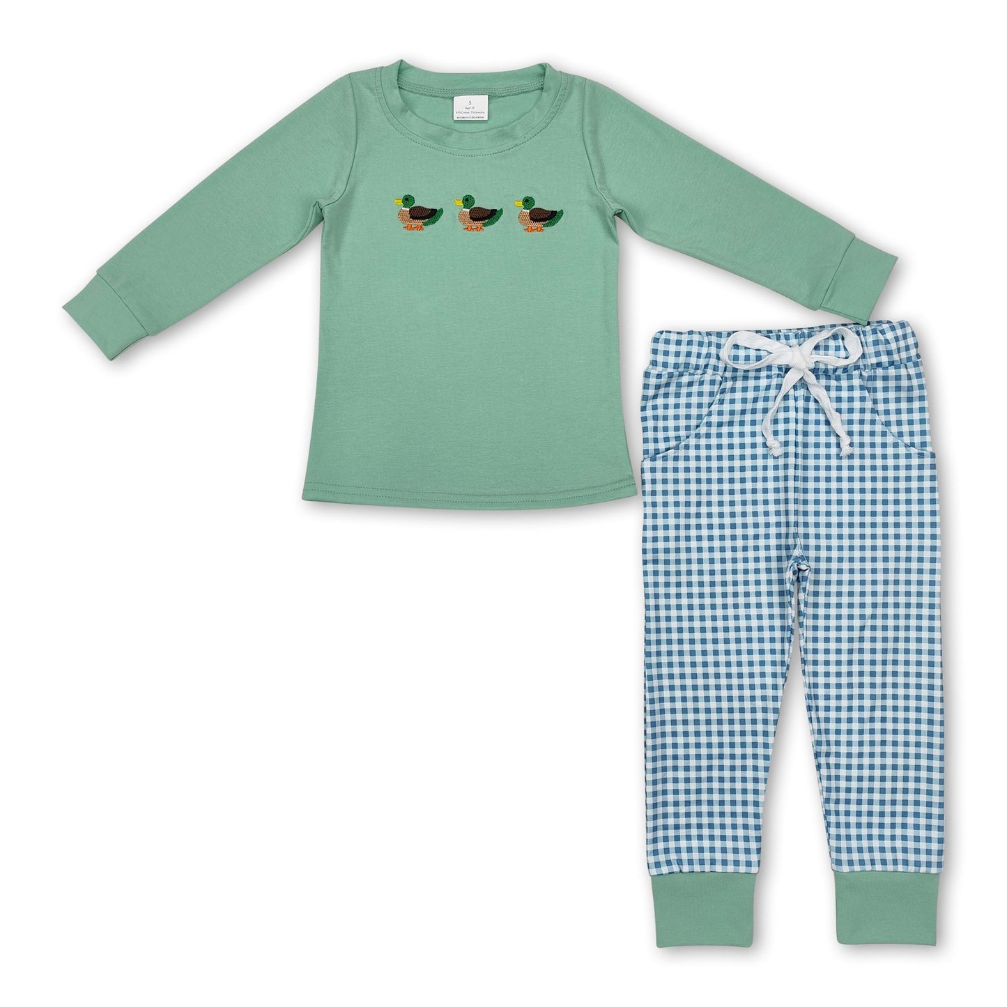 Langarm-Enten-Oberteil, karierte Hose, Kinderkleidung für Jungen