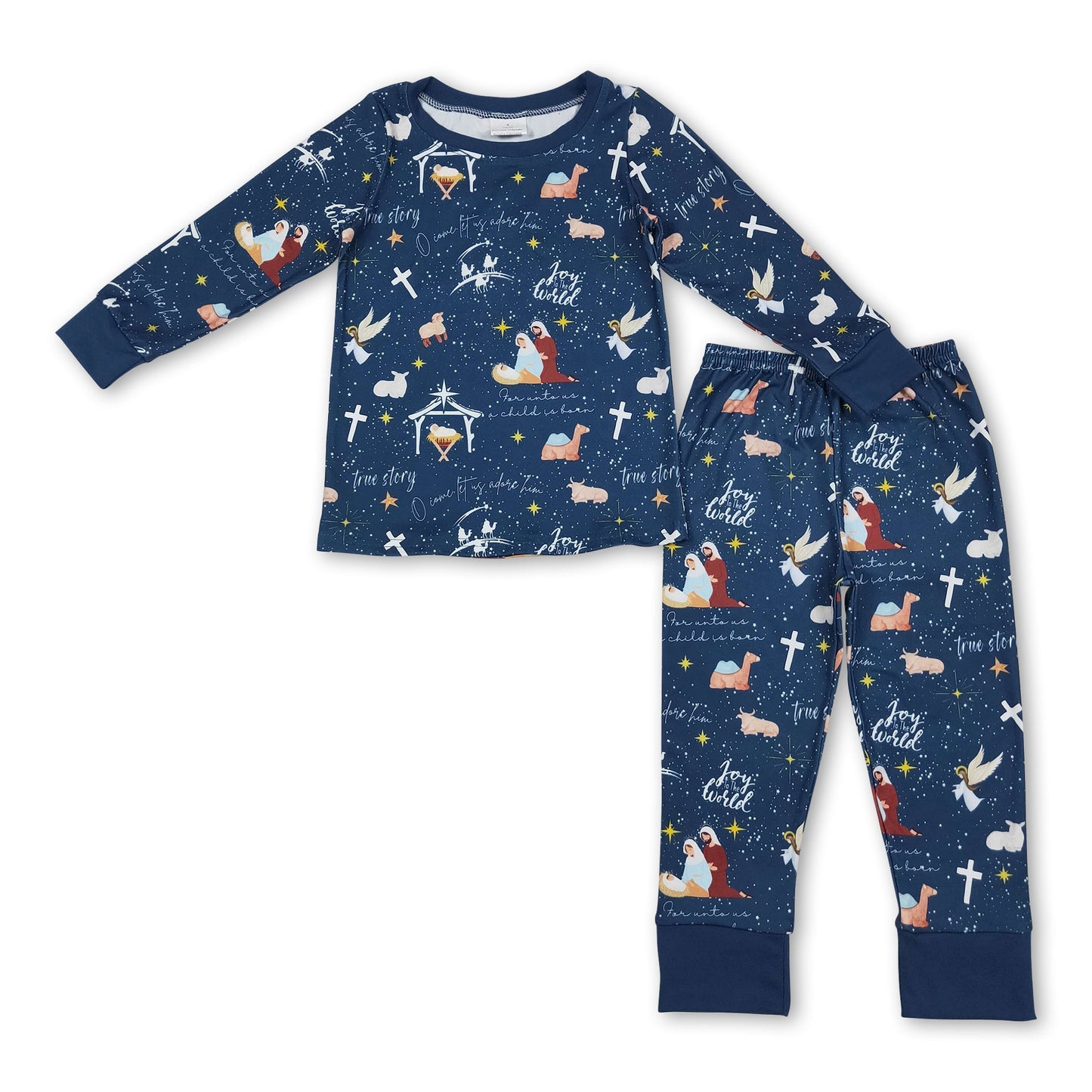 Blau langärmelige Kreuzausschnitt Krippe Kinder Jungen Weihnachtspyjama