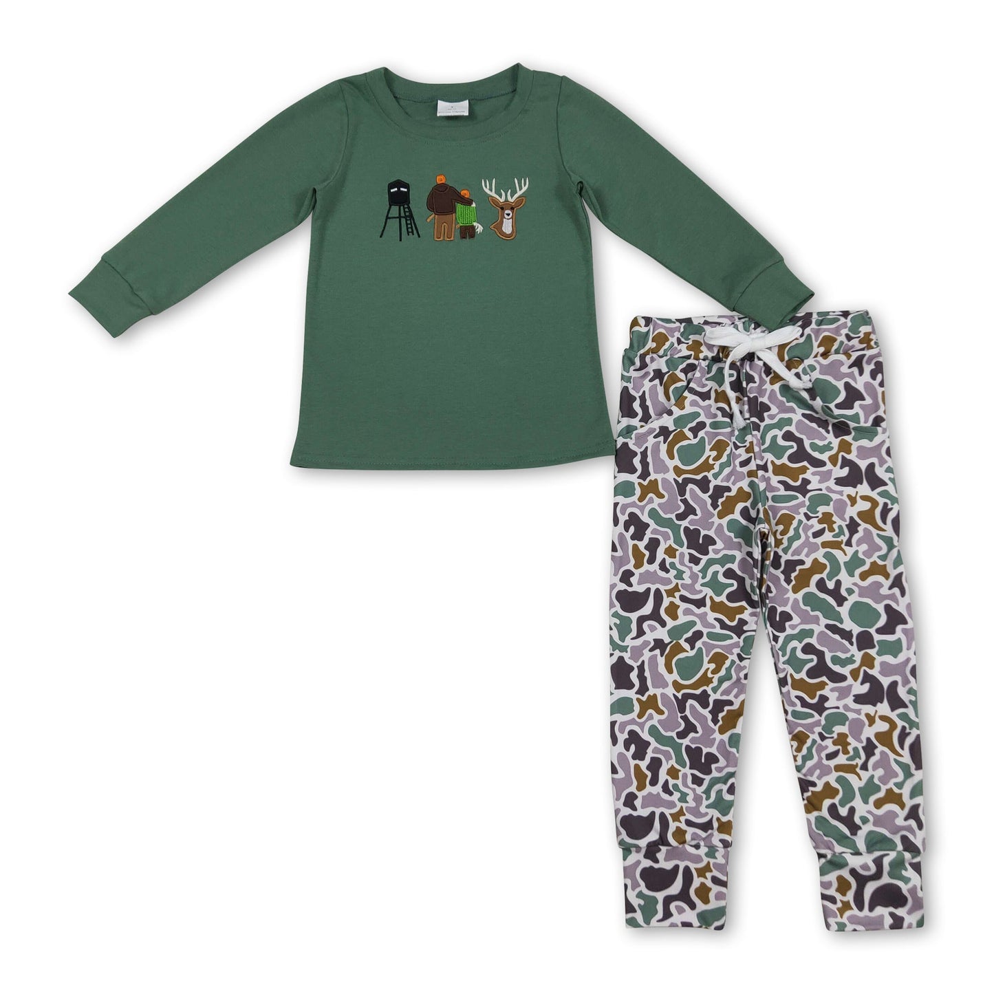 Langärmliges Hirsch-Baumwolltop, Camo-Hose, Jungen-Outfits