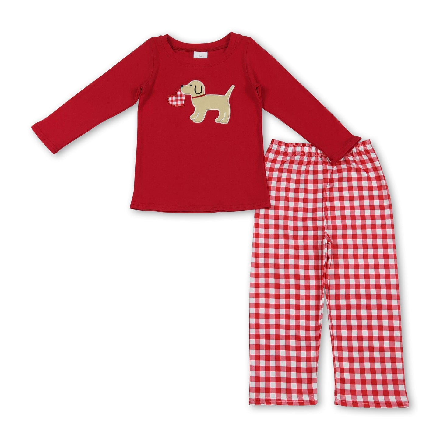Rotes Herz Hunde-Stickerei Oberteil Karierte Hose Jungen Valentinstags-Set