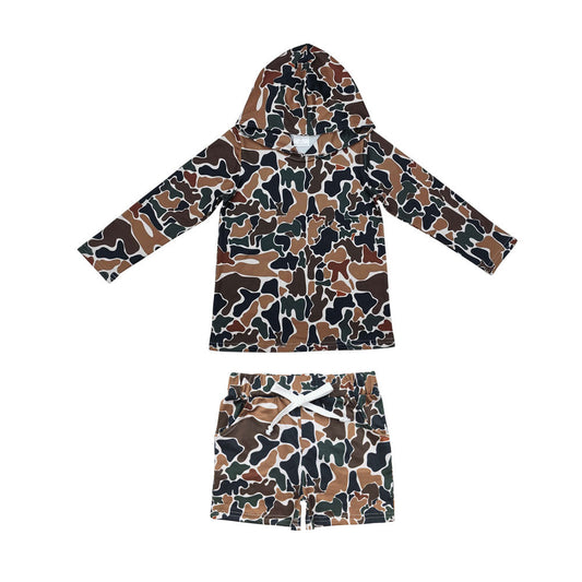 Brown camo hoodie shorts kids boys clothing set