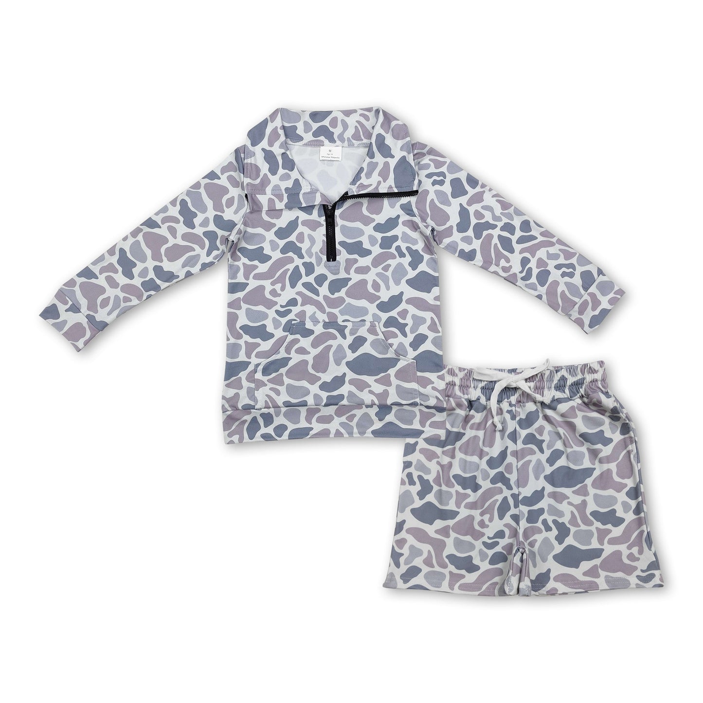 Graue Tarnmuster-Tasche mit Reißverschluss, Pullover, Shorts, Kinder Jungen Outfits