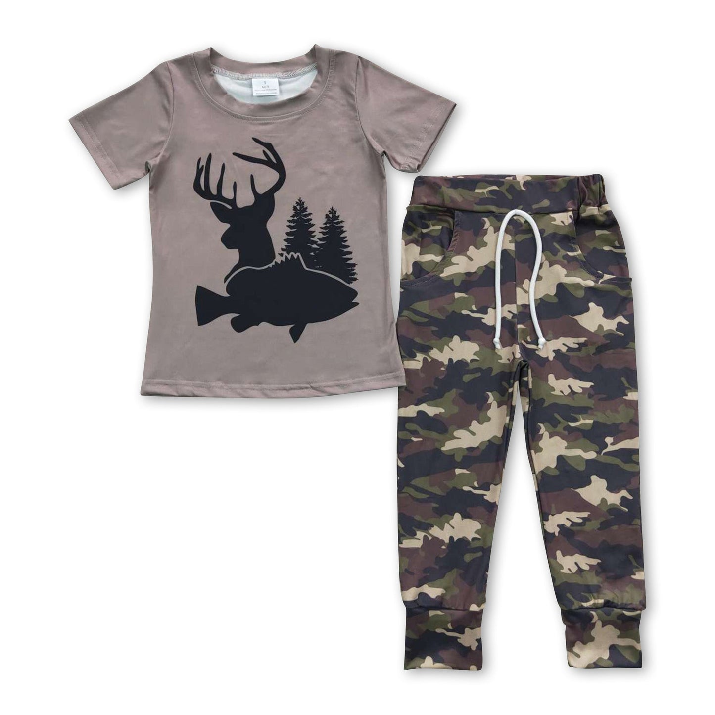 Hirsch-Fisch-Top, Camo-Taschenhose, Jungen-Jagdbekleidung
