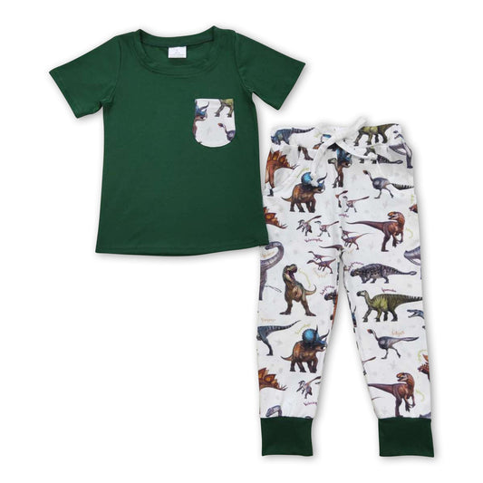 Grünes Taschentop Dinosaurierhose Kinder Jungen Outfits