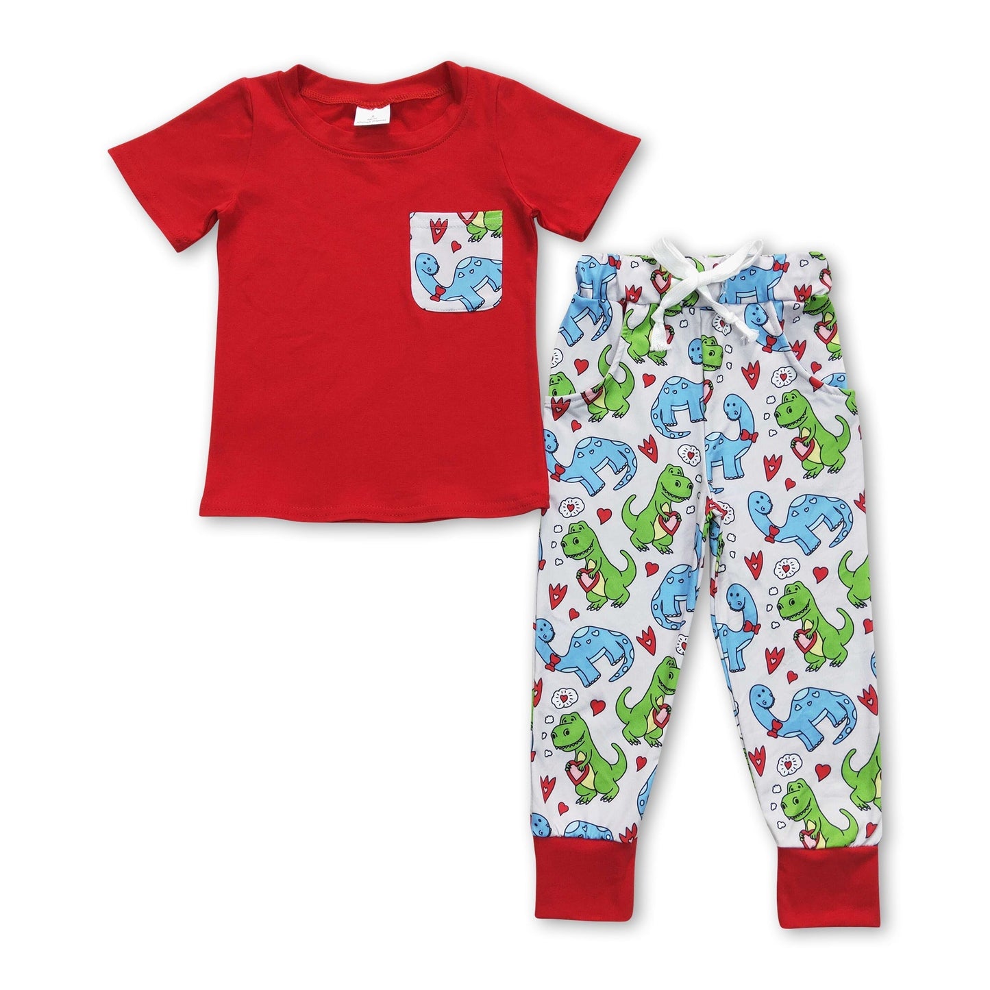 Rotes Oberteil mit Tasche, Dinosaurierhose, Jungen-Valentinstags-Outfits
