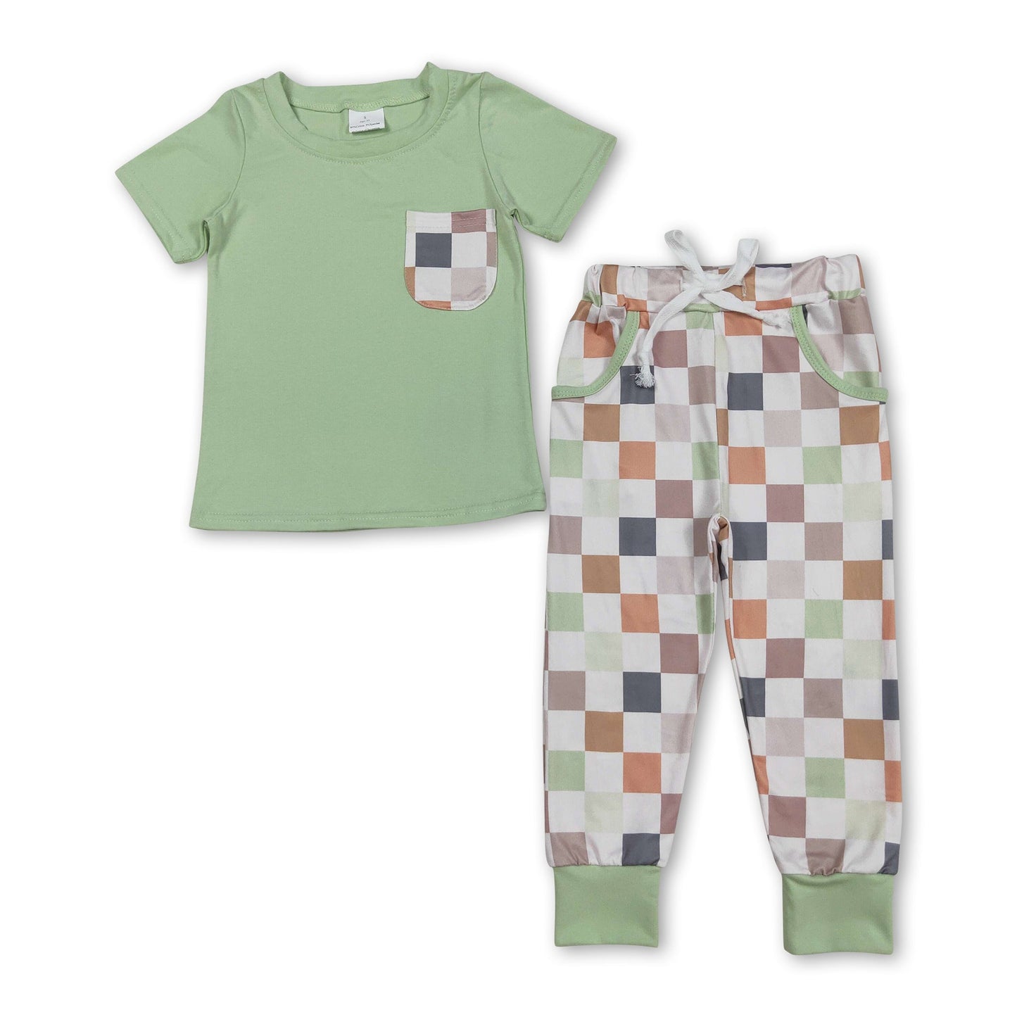 Kurzarm-Taschenoberteil karierte Hose Jungenkleidung