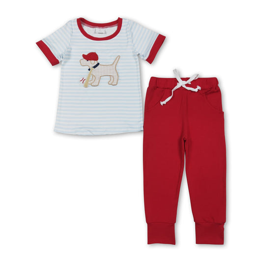 Gestreifter karierter Hund Baseball Stickerei Oberteil Hose Jungen Outfits