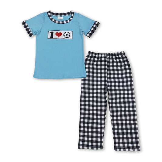 Ich liebe Fußball, besticktes Oberteil, karierte Hose, Jungenkleidung