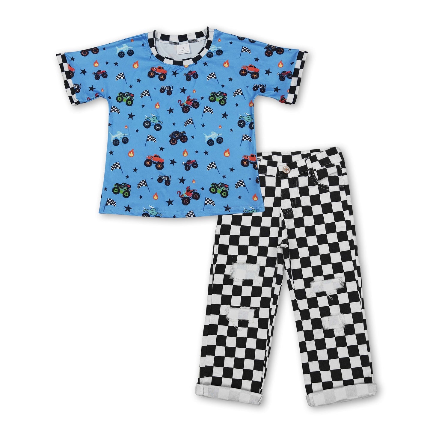Kurzärmeliges Trucker-Oberteil, schwarze Karojeggings, Jungen-Outfits