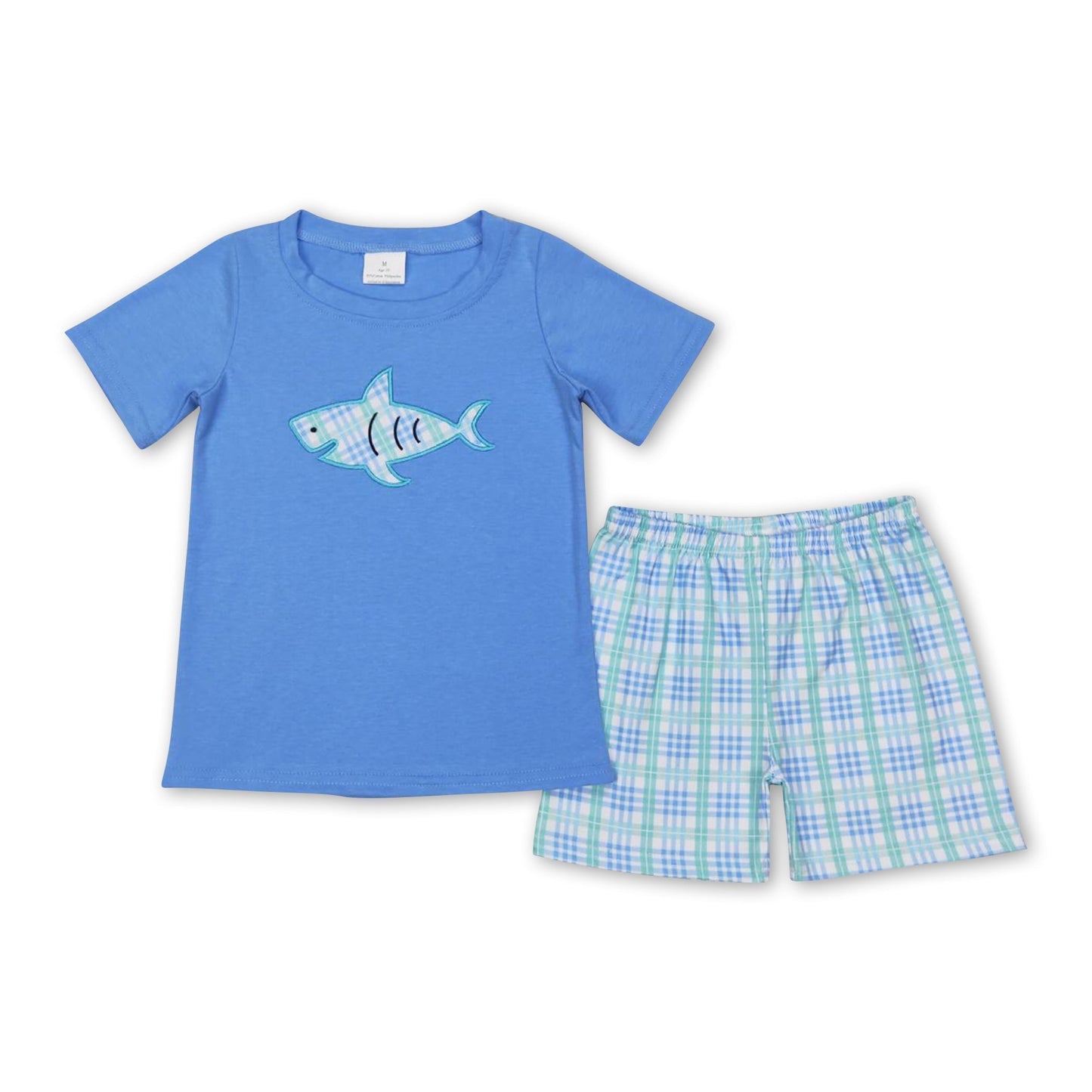 Kurzärmliges Haifisch-Top, karierte Shorts, Jungen-Sommerkleidung