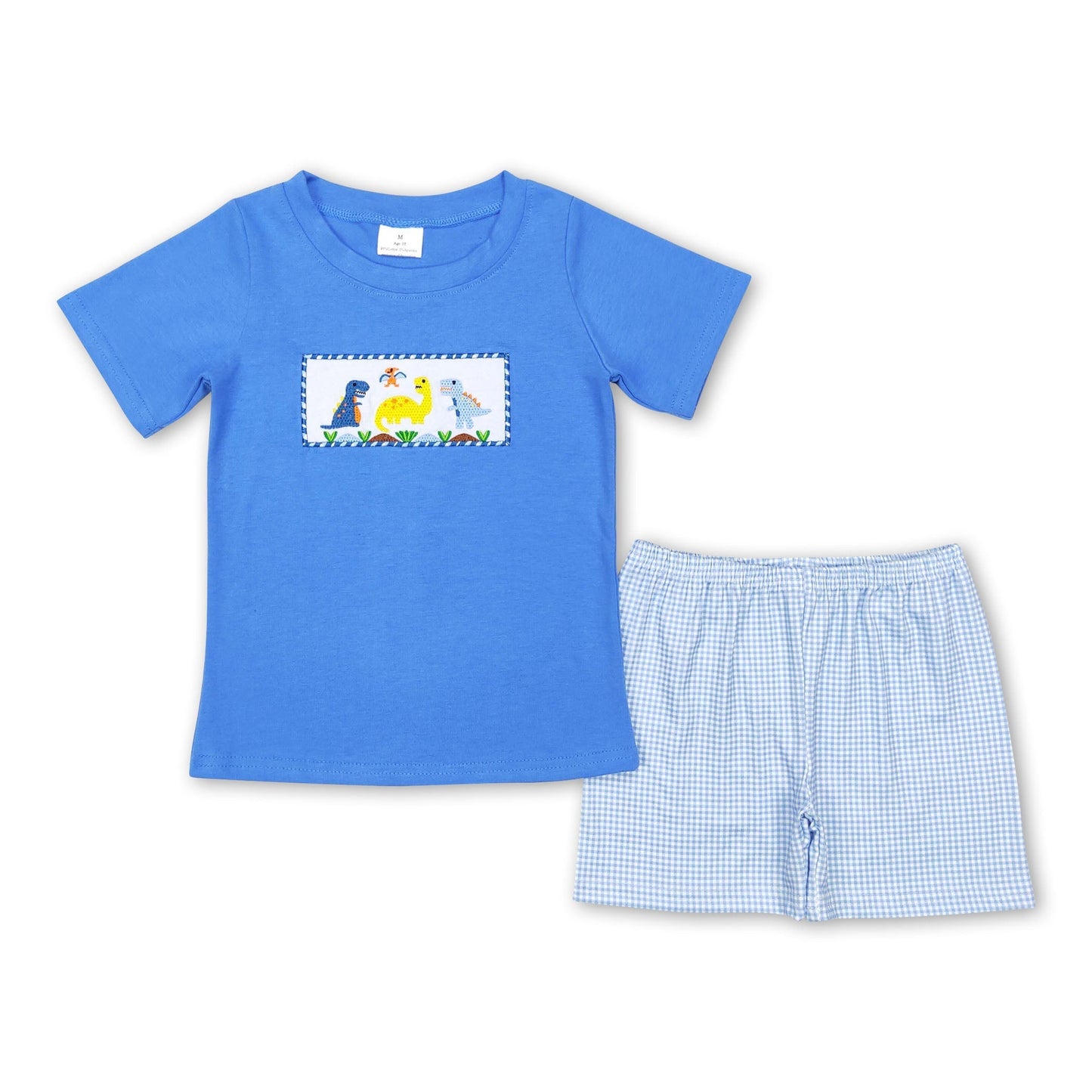 Hellblaues Kurzarm-Dinosaurier-Hemd und Shorts für Jungen als Sommerkleidung