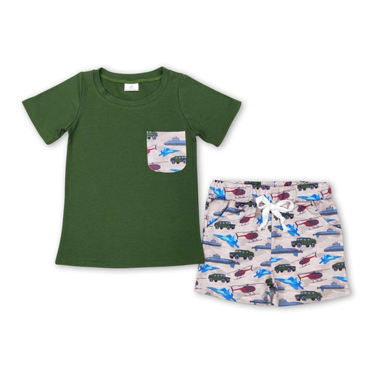 Grünes Oberteil mit Tasche, Helikopter-Shorts, Junge, Sommerkleidung