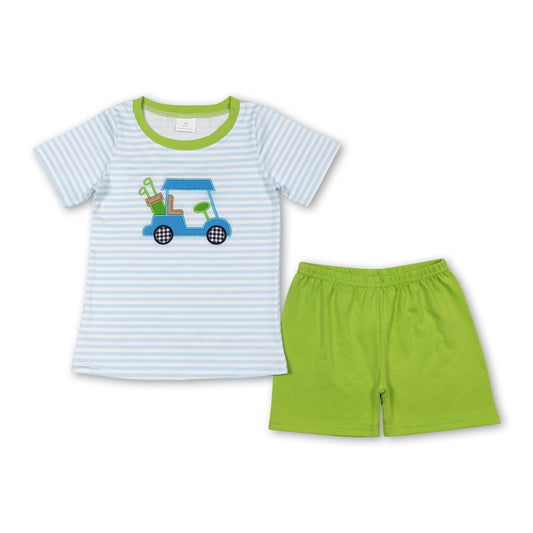 Gestreiftes Golf-Oberteil, grüne Shorts, Jungen-Sommerkleidung
