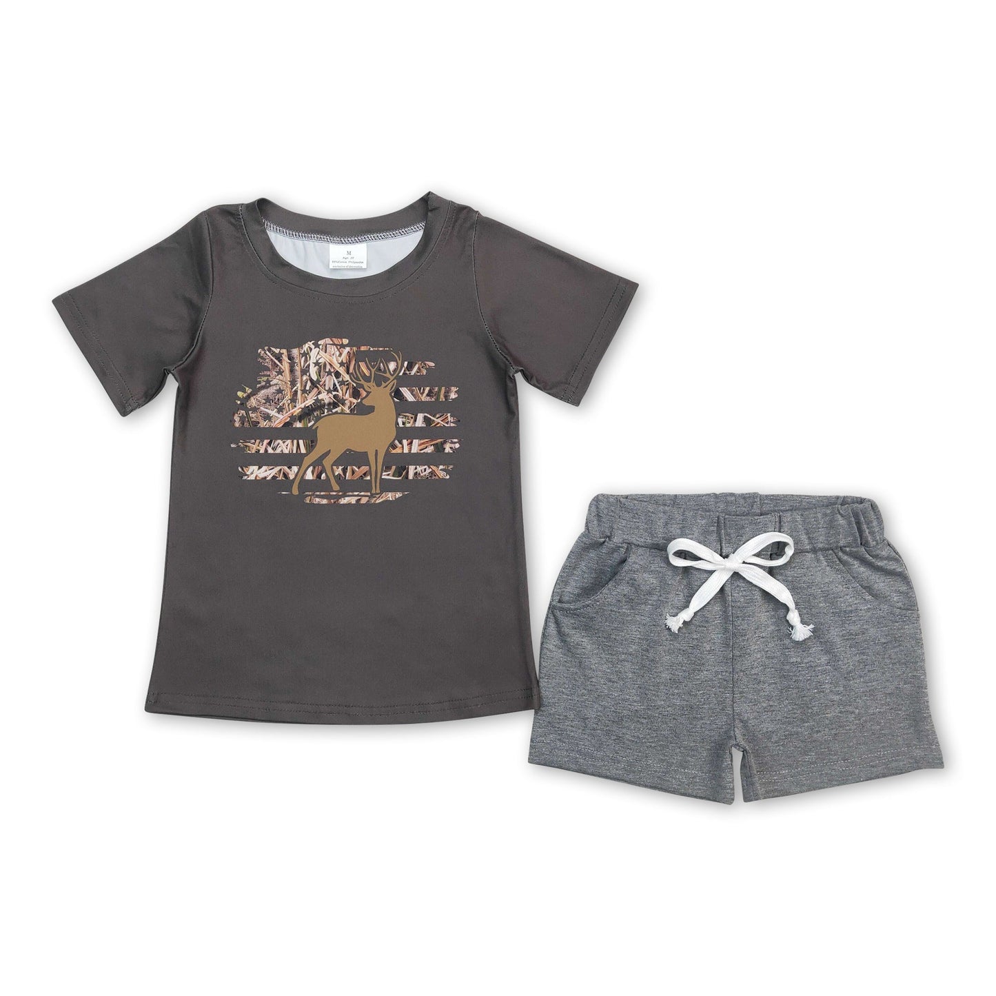 Hirsch Camo Kurzarm-Oberteil Graue Shorts Jungenkleidung