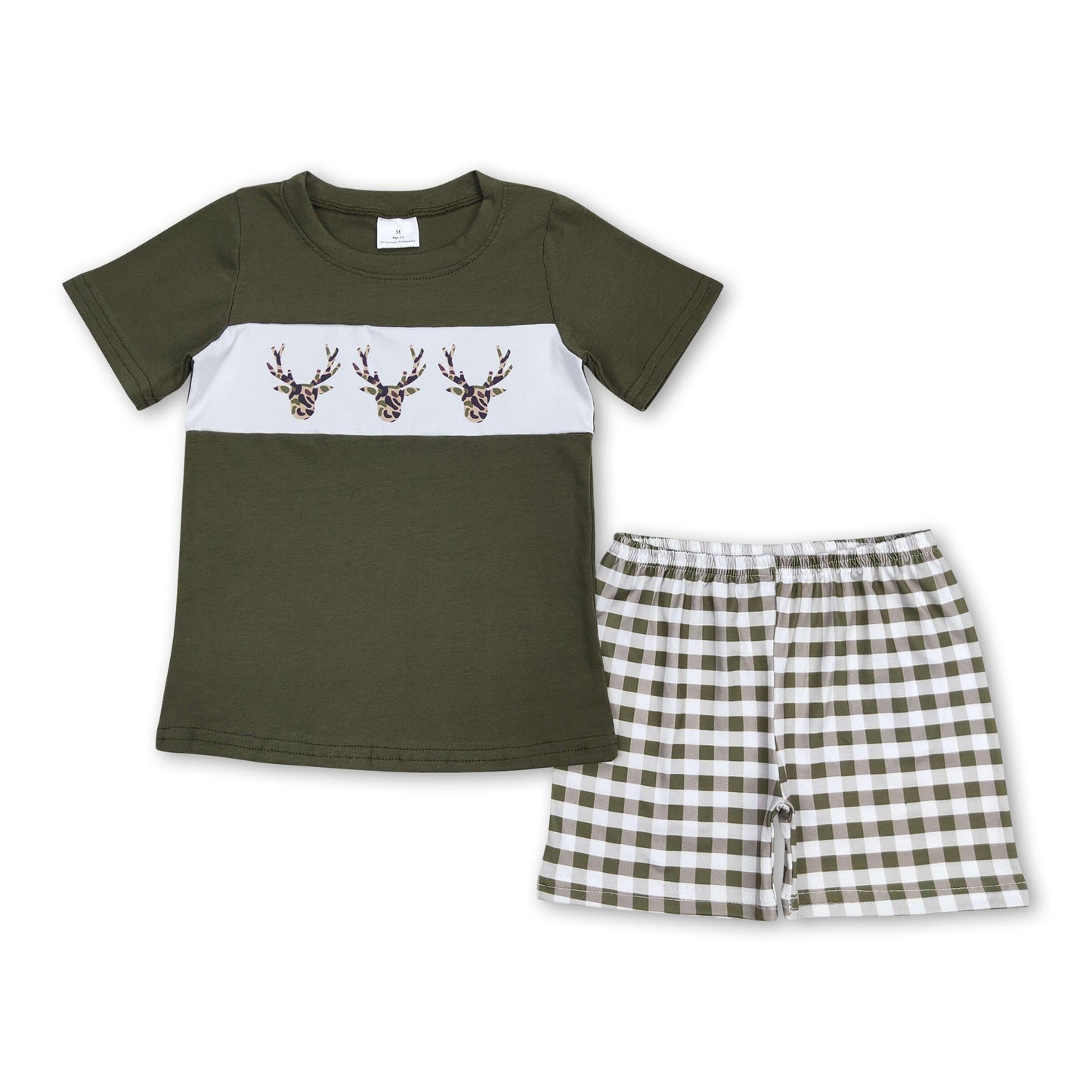 Olivgrün Hirsch Oberteil karierte Shorts Jungen Kleidung Set