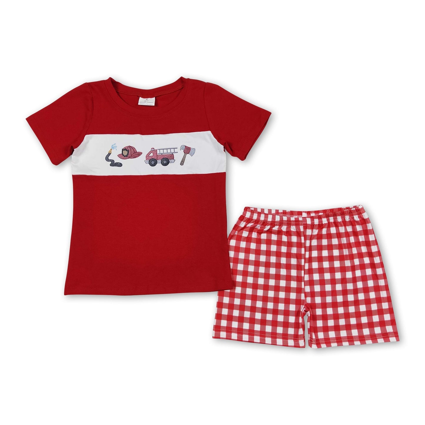 Rotes Feuerwehrauto-Top, karierte Shorts, Jungenkleidung