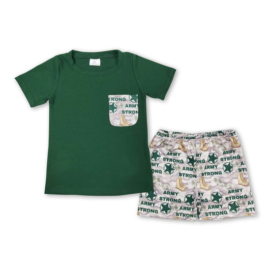 Grünes Taschentop robuste Camo-Stiefel Shorts Jungenkleidung