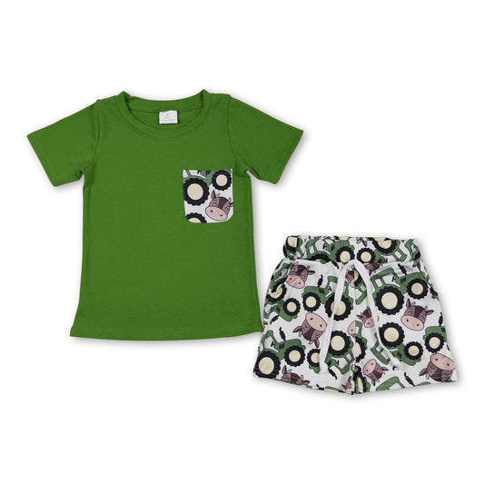 Grünes Taschen-Top, Traktor-Kuh-Shorts, Jungenkleidung