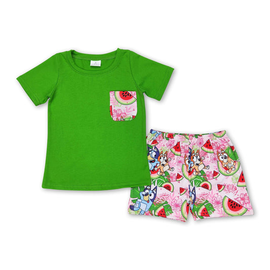 Grünes Taschen-Top, Wassermelonen-Hundeshorts, Jungenkleidung