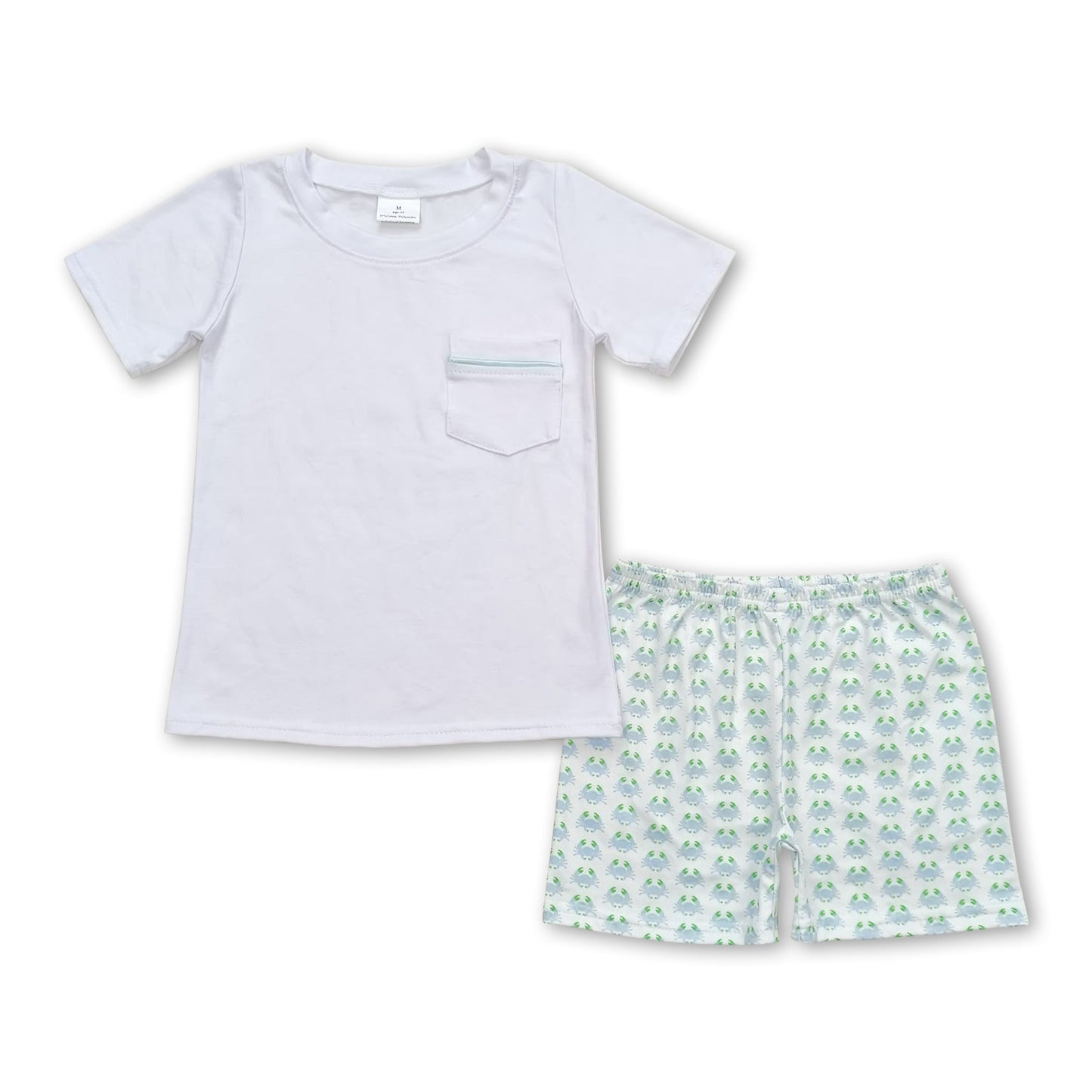 Weißes kurzärmliges Oberteil, Krabben-Shorts, Jungenkleidung