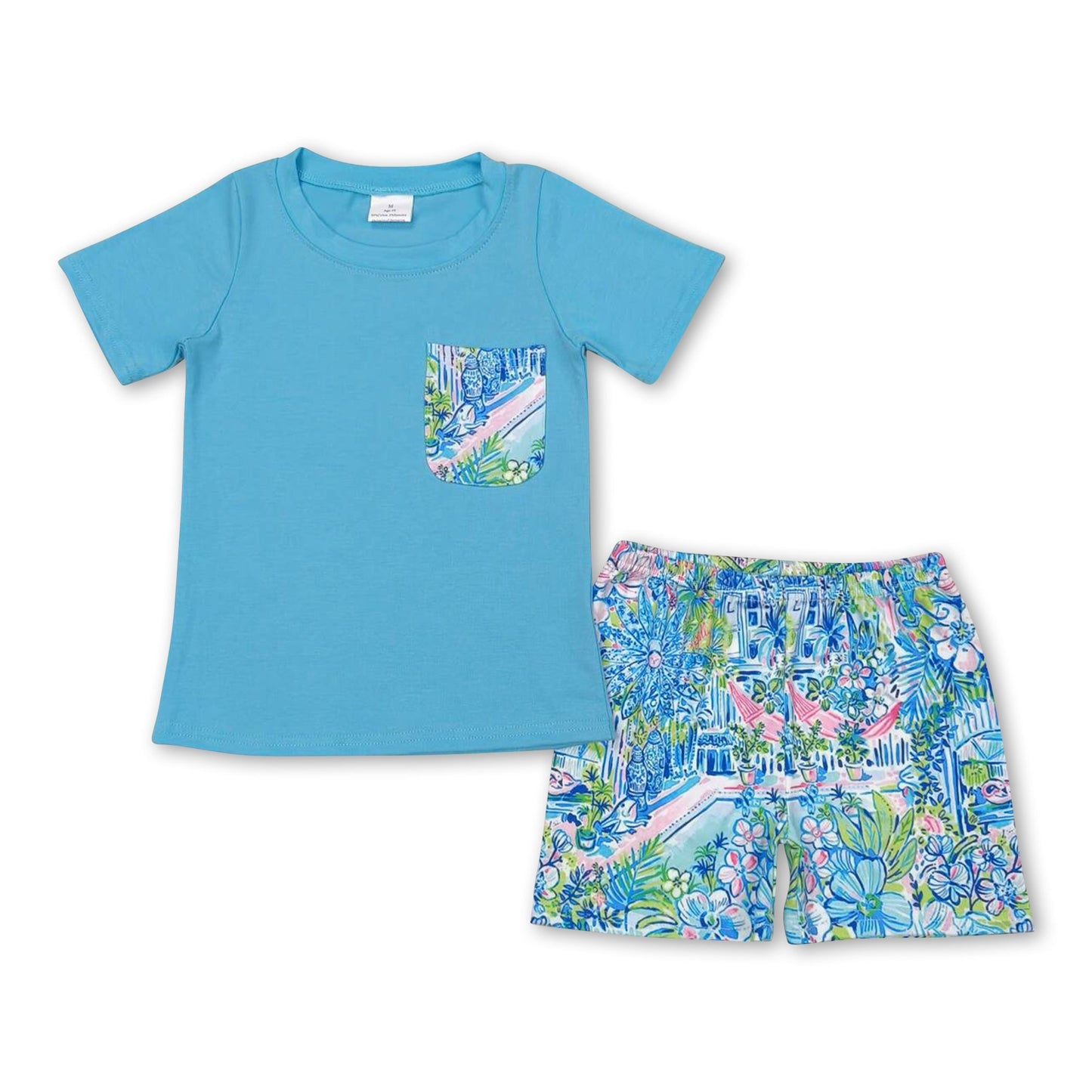 Blaues Oberteil mit Tasche, Aquarell-Shorts, Jungenkleidung