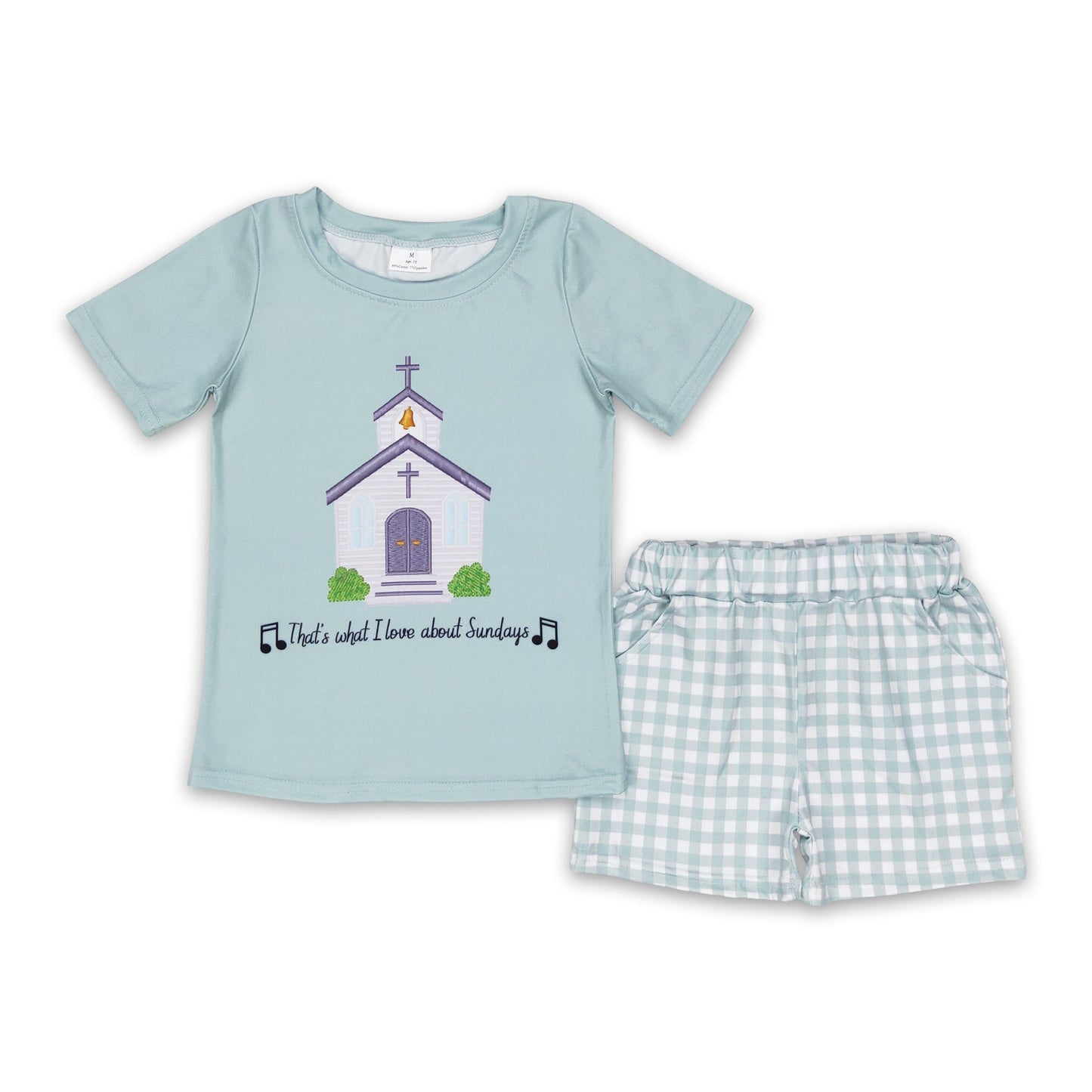 Kurzarm-Kreuz-Kirchen-Oberteil, karierte Shorts, Jungenkleidung