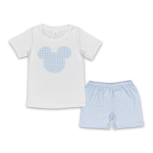 Weißes, kurzärmliges, kariertes Maus-Shorts-Set für Jungen
