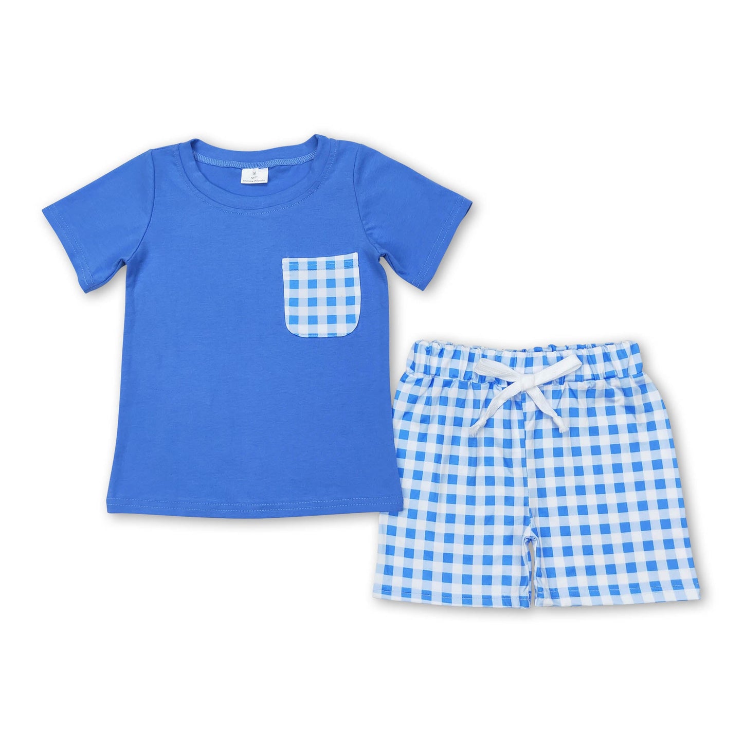 Kurzarm-Blau-Karo-Taschenoberteil Shorts Jungenkleidung