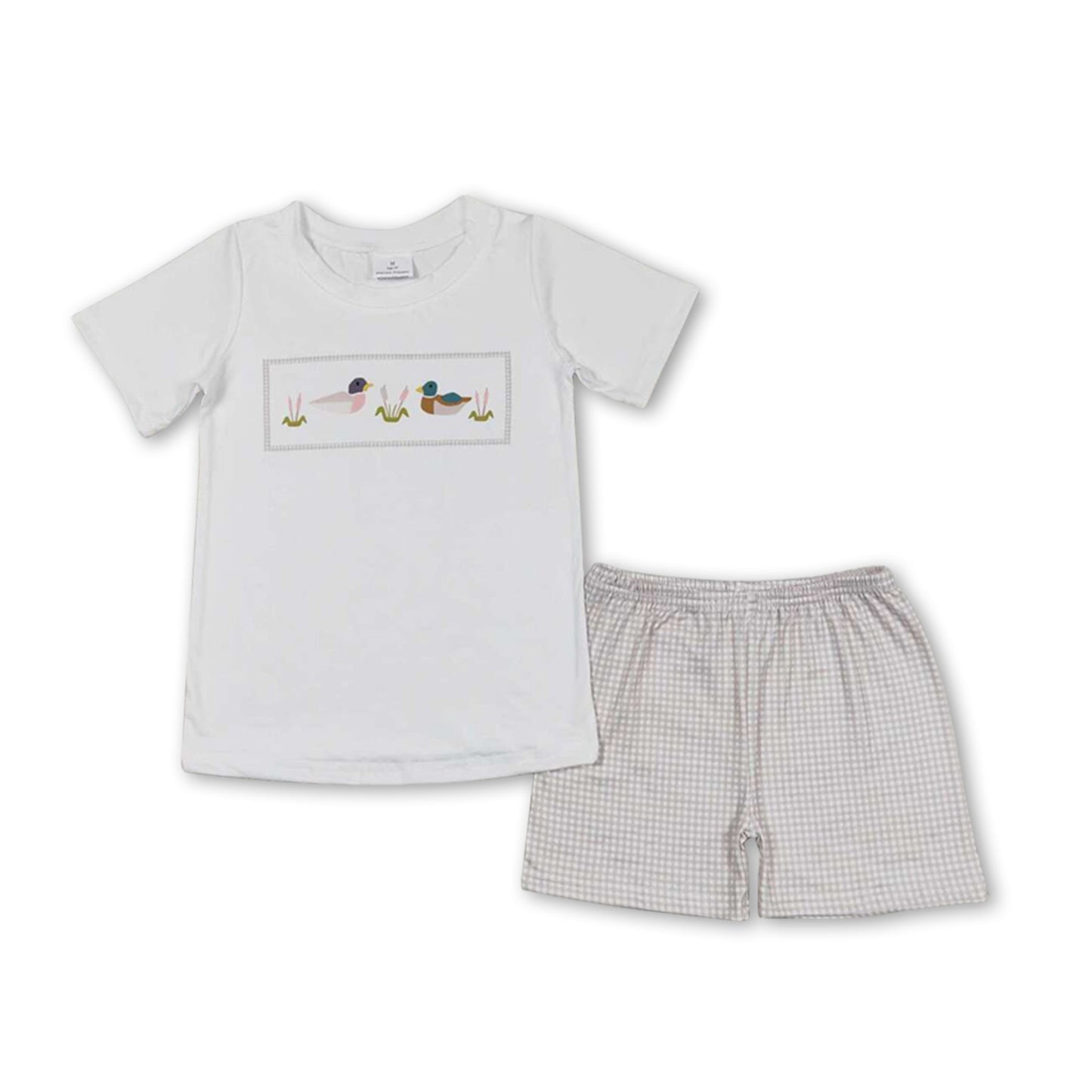 Weißes Enten-Top Khakifarbene Karo-Shorts Jungen Bekleidungsset