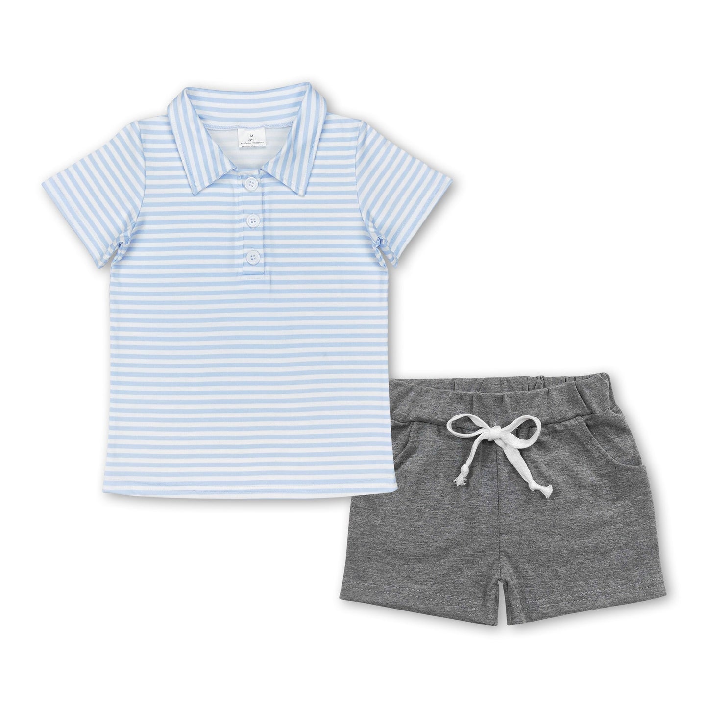 Hellblaues gestreiftes Poloshirt, graue Shorts, Jungen-Bekleidungsset