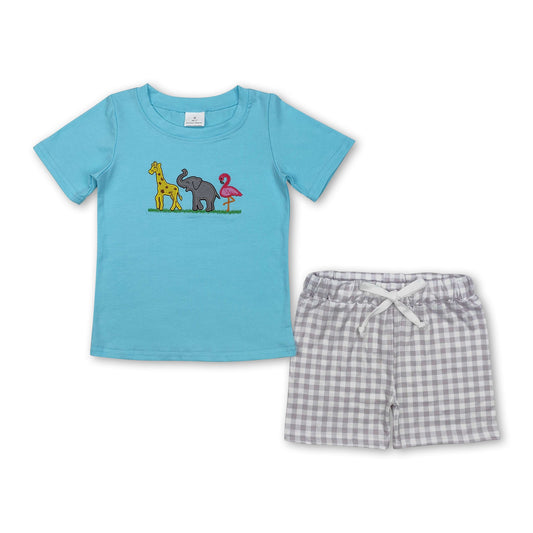 Giraffe Elefant Flamingo Top karierte Shorts Jungenkleidung
