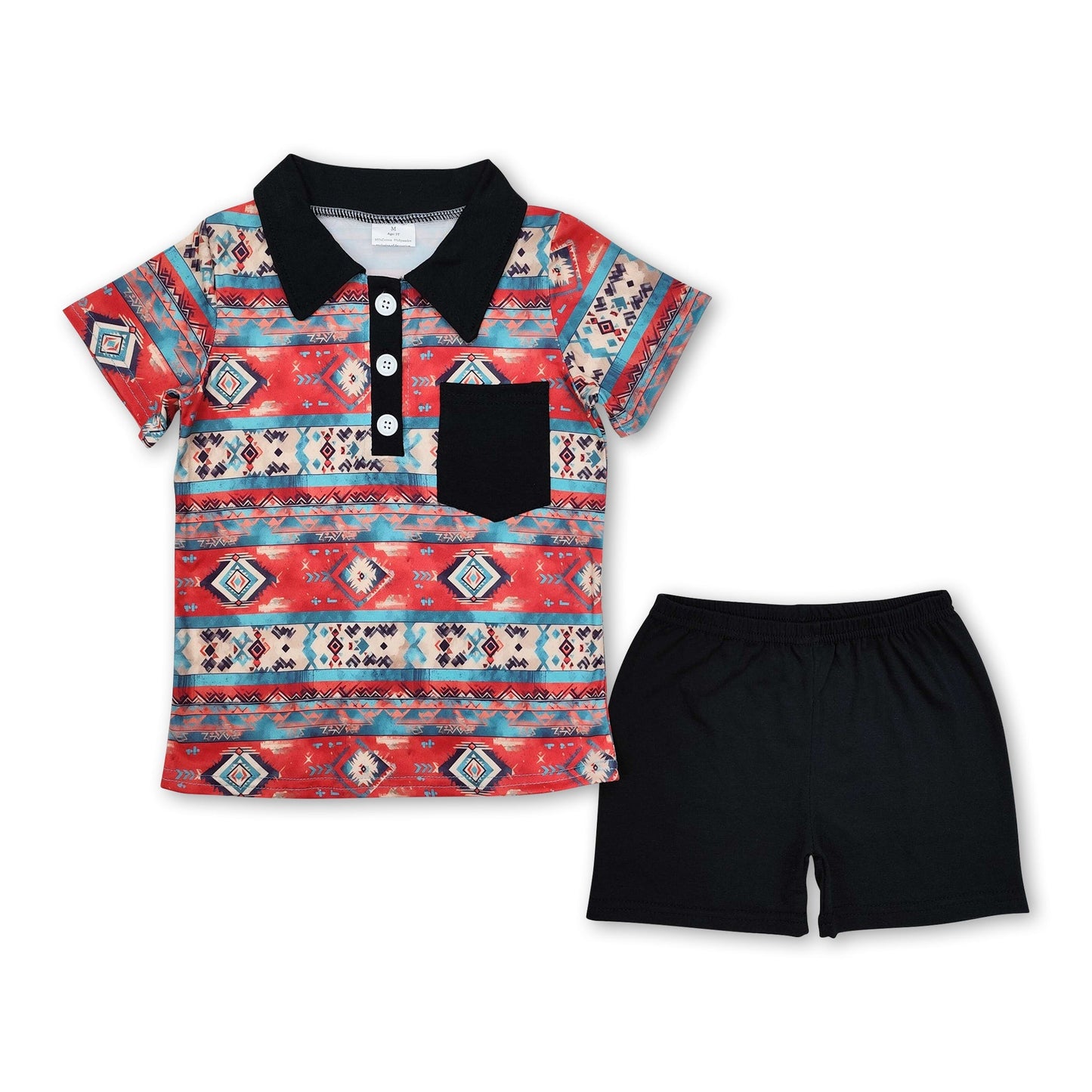 Schwarzes Taschen-Azteken-Polohemd Shorts Western Jungen-Outfits