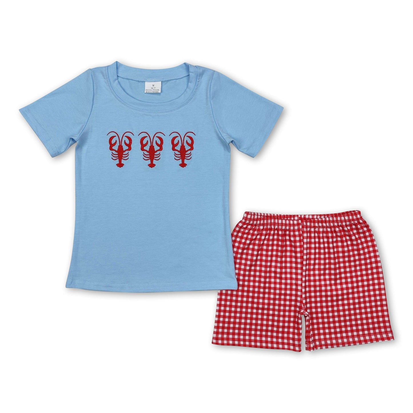 Hellblaues Krebs-Oberteil, karierte Shorts, Jungenkleidung