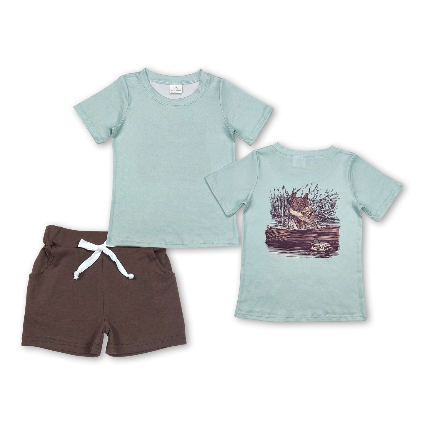 Kurzarm-Hund-Ente-Oberteil, braune Shorts, Jungenkleidung