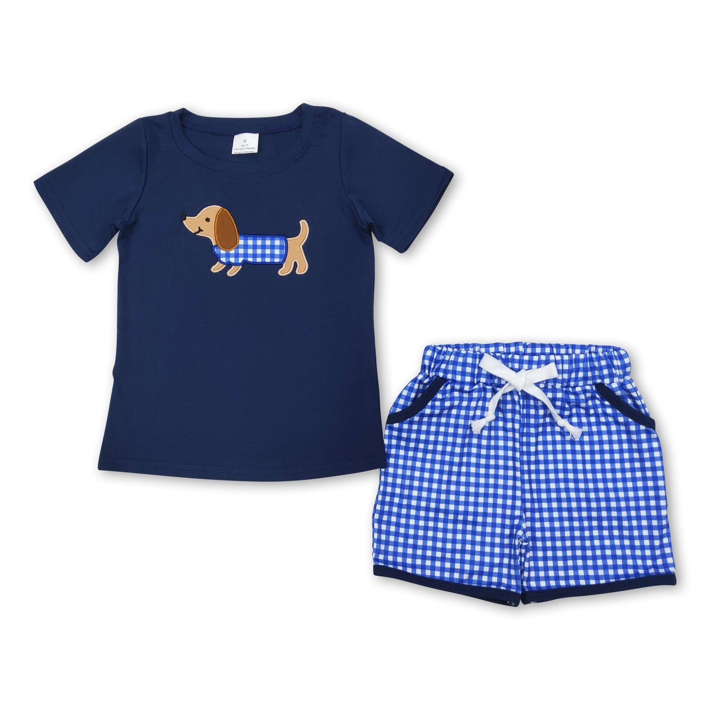 Marineblaues Hunde-Oberteil, karierte Shorts, Jungen-Sommerkleidung