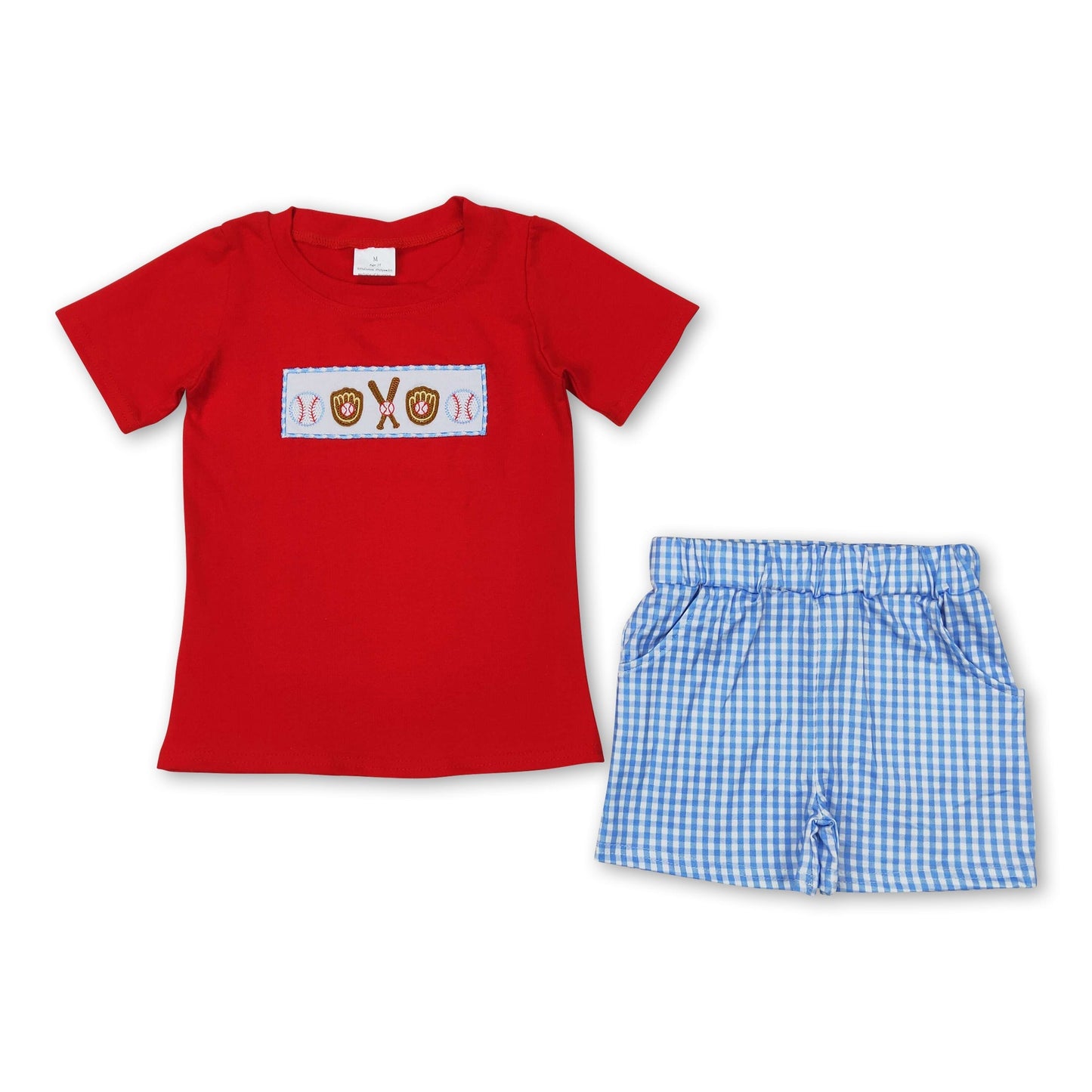 Rotes Baseball-Oberteil, karierte Shorts, Sommer-Outfits für Jungen