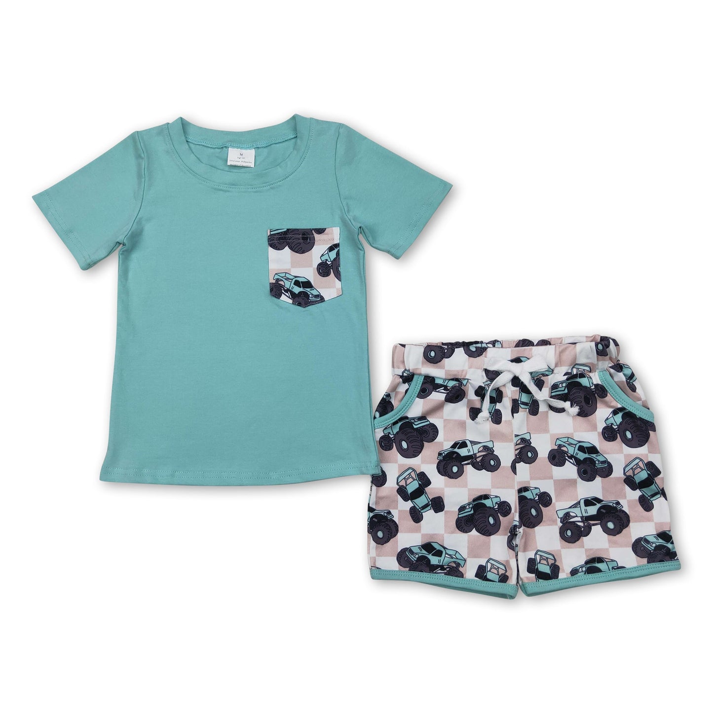Kurzarmshirt mit Tasche, karierte Trucks Shorts, Jungenkleidung