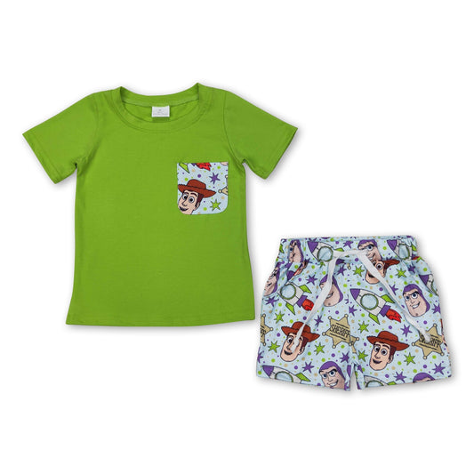 Grünes Kurzarm-Taschenoberteil Shorts Spielzeug Kinder Jungen Kleidung
