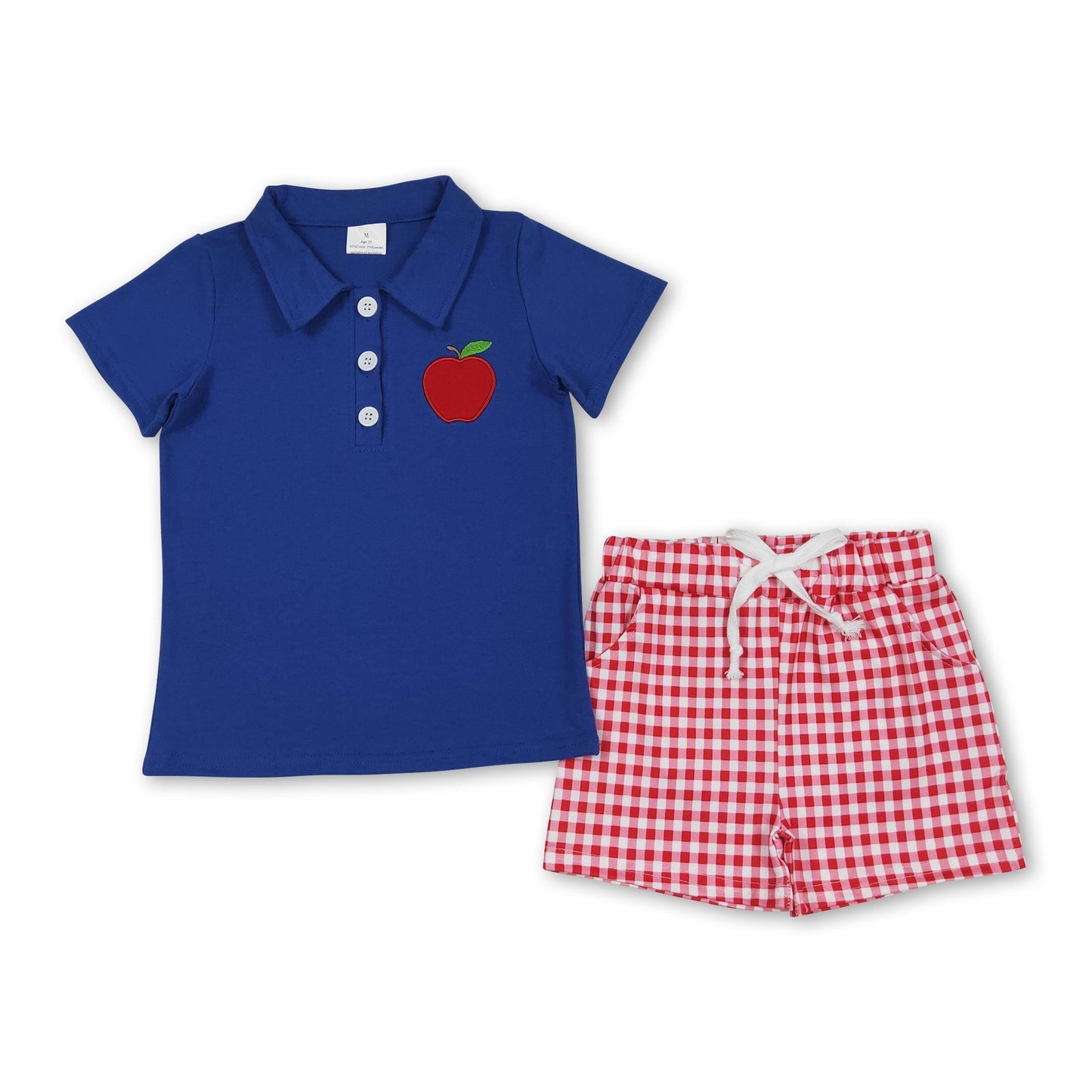 Blaues Poloshirt mit Apfelmotiv, karierte Shorts, Outfits für Jungen zum Schulanfang