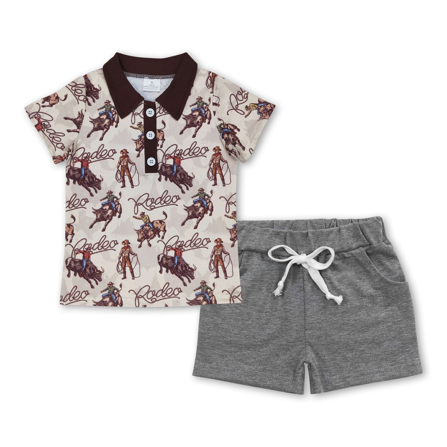 Kurzärmeliges Rodeo-Poloshirt, graue Shorts, Jungenkleidung