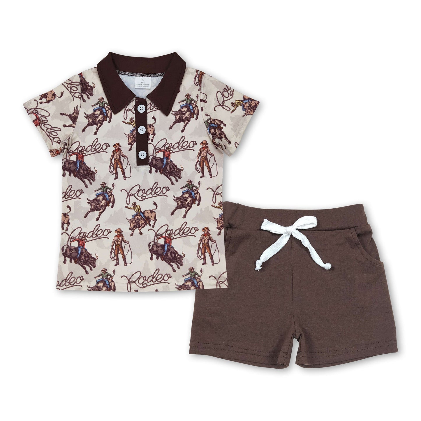 Kurzarm-Rodeo-Polohemd, braune Shorts, Jungenkleidung