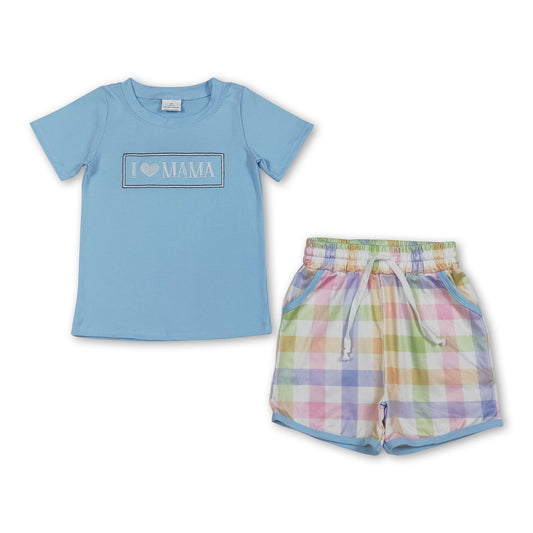 Ich liebe Mama-Stickerei-Oberteil bunte karierte Shorts Jungen-Outfits