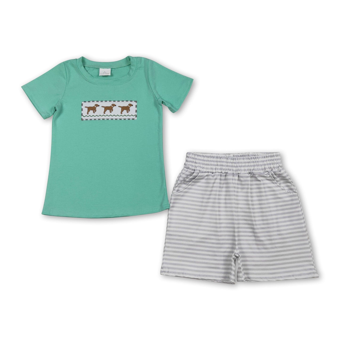 Hunde-Stickerei-Oberteil mit gestreiften Shorts für Jungen