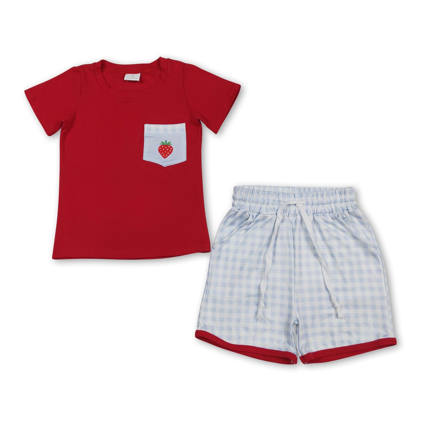 Kurzärmeliges Erdbeer-Taschen-Oberteil karierte Shorts Jungen-Outfits