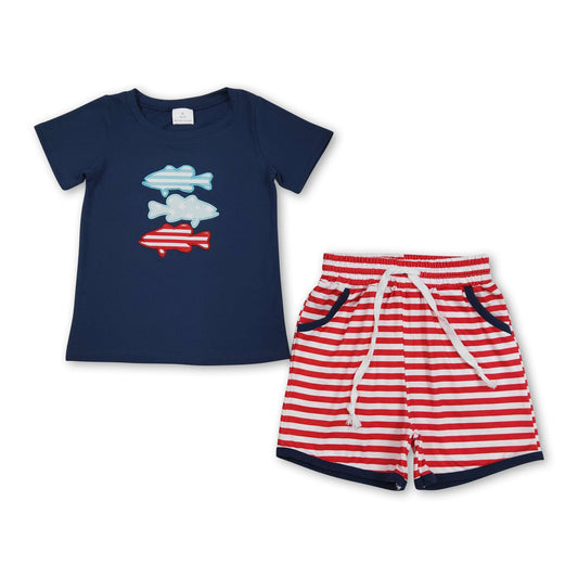 Streifen Sterne Fisch Stickerei Kinder Jungen 4. Juli Outfits