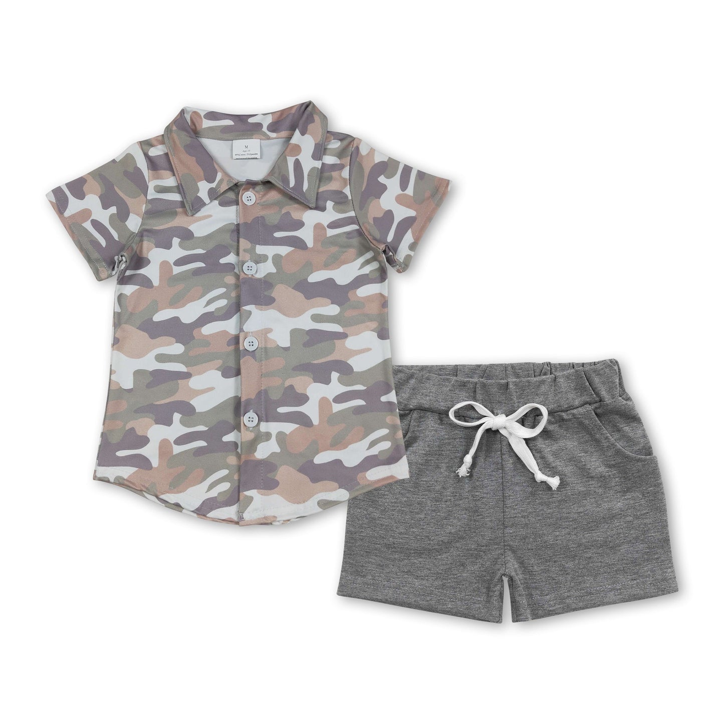 Camo Button-Down-Top, graue Shorts, Kinder-Jungen-Outfits