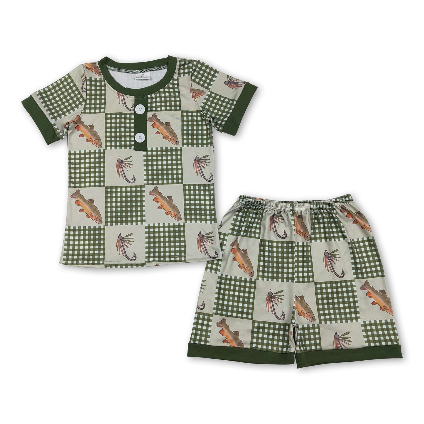 Kurzarm-Karo-Fisch-Top, Shorts, Kinder Jungen Outfits