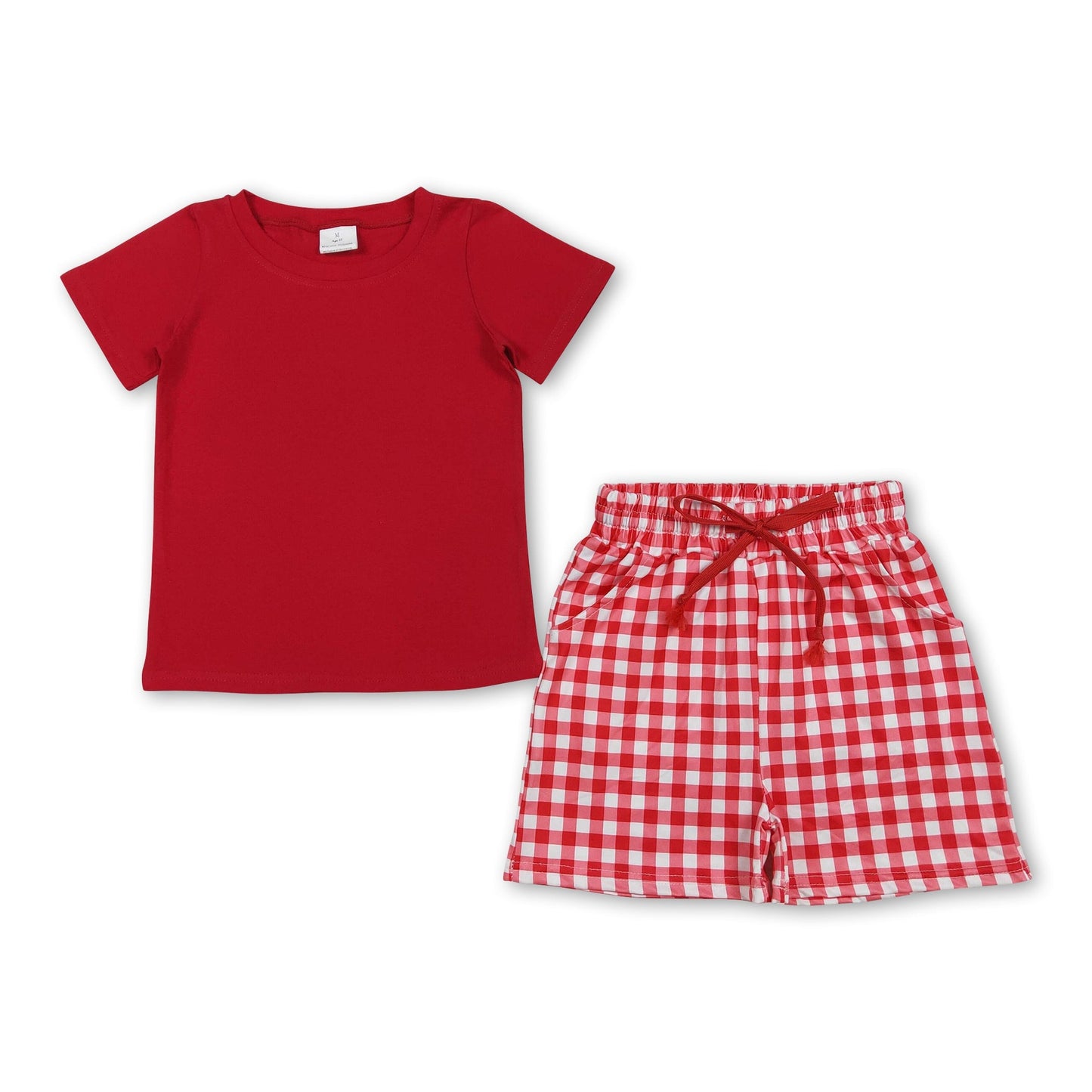Kurzärmeliges rotes Oberteil, karierte Shorts, Sommeroutfits für Jungen