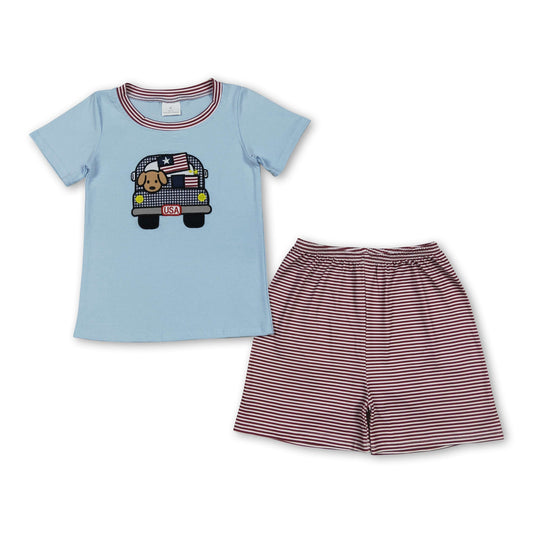 Dog flag truck embroidery kids boys 4th of july outfits